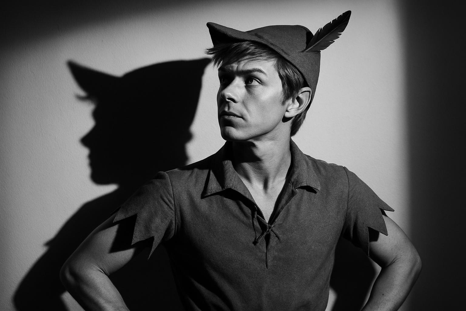 An image of a young boy dressed as the character Peter Pan with his shadow cast on the wall behind and above the boy.
